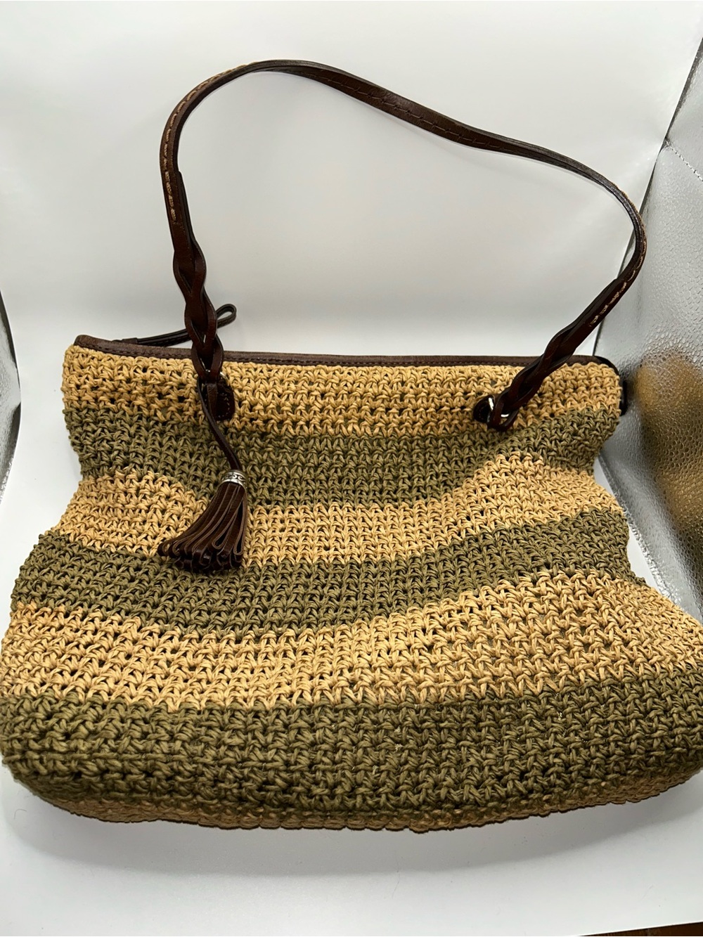 Brighton raffia sierra hobo bag tan and green striped